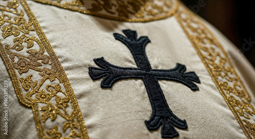 Embroidered cross symbolizing faith and religion on priest vestment