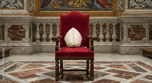 White mitre on red chair in a church interior
