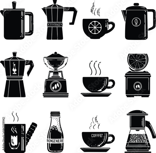 Coffee Brewing Essentials Silhouette Featuring Twelve Different Coffee-Making Tools and Accessories, Including a French Press, Espresso Maker, Coffee Grinder, and Drip Brewers