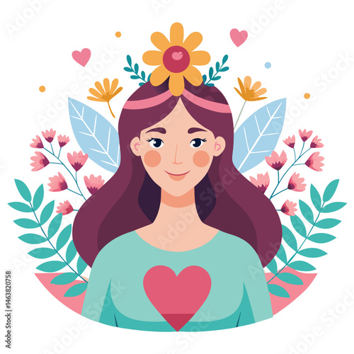 Woman with heart and flower wreath. Self-love, acceptance and care for mental health. Psychology concept. Calm emotion, trust, empathy and hope. Flat vector illustration isolated on white background