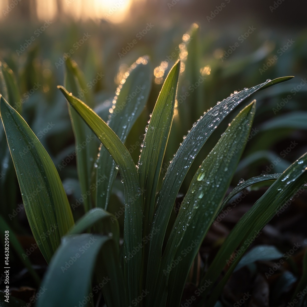Obraz premium Dew-kissed blades of grass in morning sun