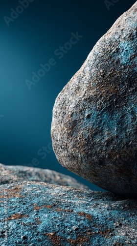 Hyperrealistic textured stone surface on dark blue background, showcasing natural pattern, contrast and tactile detail, ideal for design texture, backdrop, and material presentation concepts.