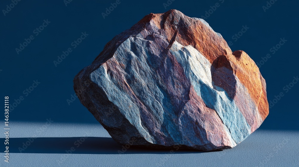 Hyperrealistic textured stone surface on dark blue background, showcasing natural pattern, contrast and tactile detail, ideal for design texture, backdrop, and material presentation concepts.
