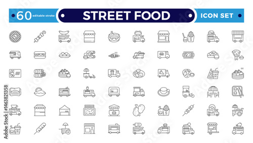 Fast food related line icon set. Street food linear icons. Burger, hotdog and sandwich outline icon. Editable stroke outline icon.

