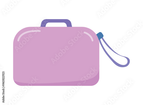 Cute cartoon purple suitcase isolated on white background. Design element for travel, tourism or business trip concept.