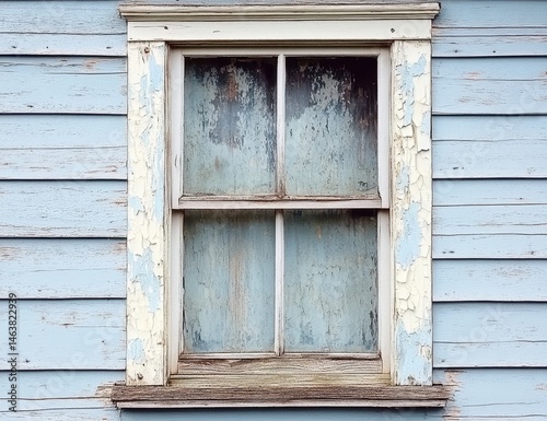 Faded light blue wooden building with weathered window  White trim shows around the window,  and the windowpane is dusty