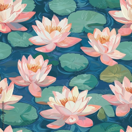 Seamless Pattern Featuring Delicate Water Lilies Floating Gracefully in a Calm Pond