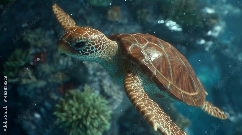 Fototapeta premium Graceful Sea Turtle Swimming Through Vibrant Coral Reef Surrounded by Sunlight and Underwater Plant Life Beneath the Waves