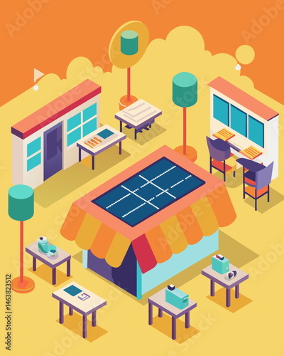 An outdoor shopping mall with solarpowered benches strategically p near popular eateries allowing diners to recharge their phones while grabbing a bite to eat.. Vector illustration