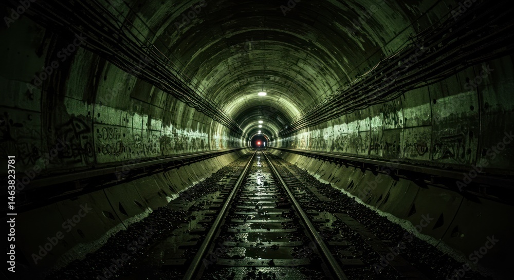 Fototapeta premium Dark subway tunnel with train approaching on the tracks.