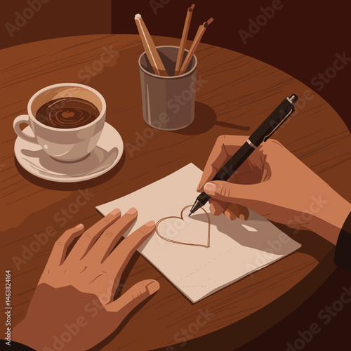 Hand drawing a heart on paper with coffee on a wooden table  