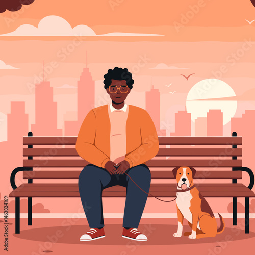 Man sitting with his dog on a bench against a city sunset  