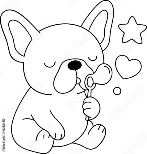 Cute French bulldog blowing bubbles, expressing joy and playfulness