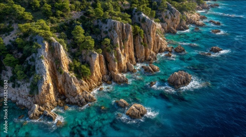 Serene Rocky Coastline with Turquoise Waters and Lush Green Pines in Bright Sunshine