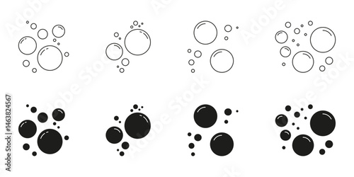 Bubble Cluster And Soap Foam Line And Solid Icon Set. Floating Air Bubbles And Water Droplets Symbol Collection. Isolated Vector Illustration