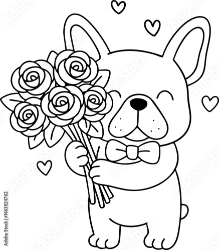 Cute French bulldog holding bouquet of roses, expressing love and joy