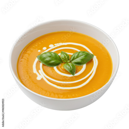 Bowl of orange soup with basil isolated on transparent background