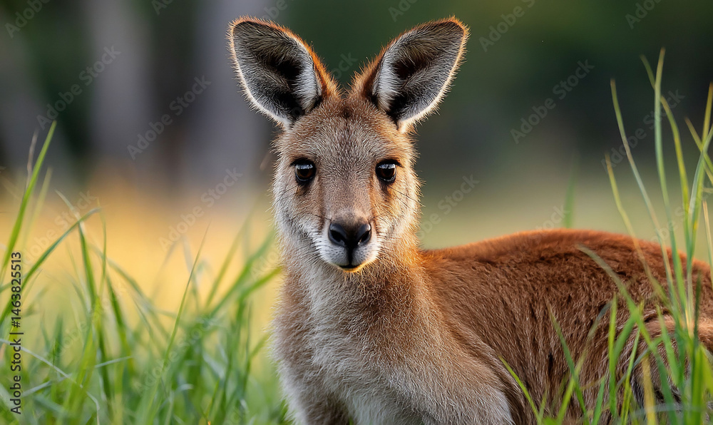 Fototapeta premium Curious joey amidst sunkissed verdant grasses