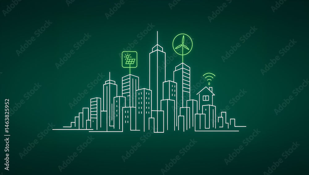 Fototapeta premium Green-themed city skyline outline with clean energy symbols such as solar, wind, and smart home connectivity icons for sustainability messaging.