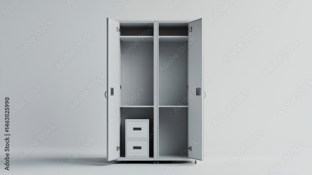 White metal locker with open doors. Two level compartment. 3d rendering illustration White metal locker with open doors. Two level compartment. 3d rendering illustration