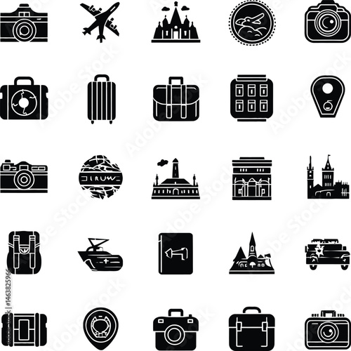 Travel and Tourism Icons Grid Vector Silhouette Featuring a Set of Twenty-Five Bold and Distinct Illustrations Representing Various Aspects of Global Exploration, Transportation, and Destinations