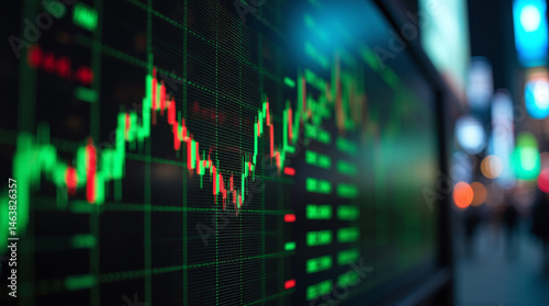 Green and red charts of stocks making new highs on a black LED digital screen displayed on a walkway.