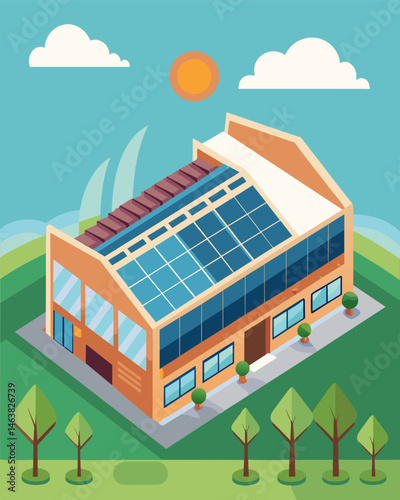The large shopping mall had taken a sustainable turn proudly displaying rows of solar panels on its roof a statement of their commitment to renewable energy.. Vector illustration