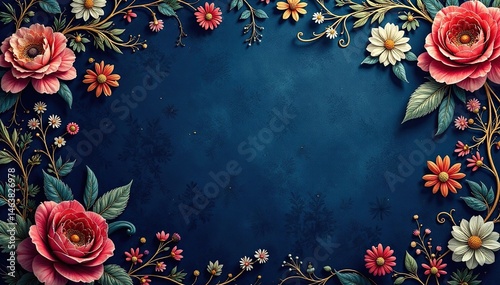 Intricate floral damask with gold accents on navy , pattern, texture, event