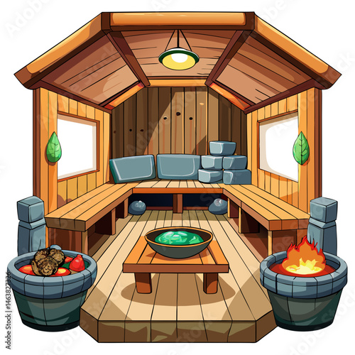 A high-quality vector illustration of a traditional wooden dry sauna interior with benches and hot stones, isolated on a white background