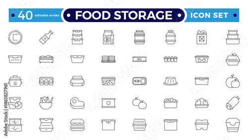 Food storage outline icon set .Groceries Icon Set. Fresh Produce, Dairy, Snacks, Meats, Condiments, Beverages, Baby Food, Household Items. Editable stroke outline icon.
