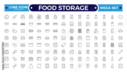 Food storage outline icon set .Groceries Icon Set. Fresh Produce, Dairy, Snacks, Meats, Condiments, Beverages, Baby Food, Household Items. Editable stroke outline icon.
