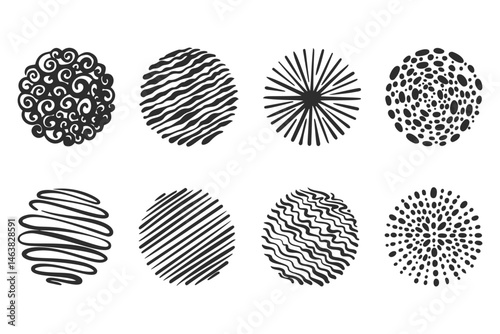Textured circles with patterns. Abstract vector hand drawn graphic in rounds. Scribble design with dots spirals and grunge organic doodles. Curved simple brush strokes