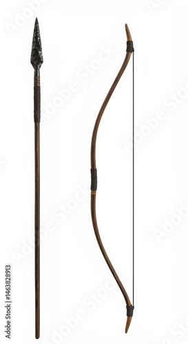 Close Up of an Arrow Bow and Spear Isolated on White Background