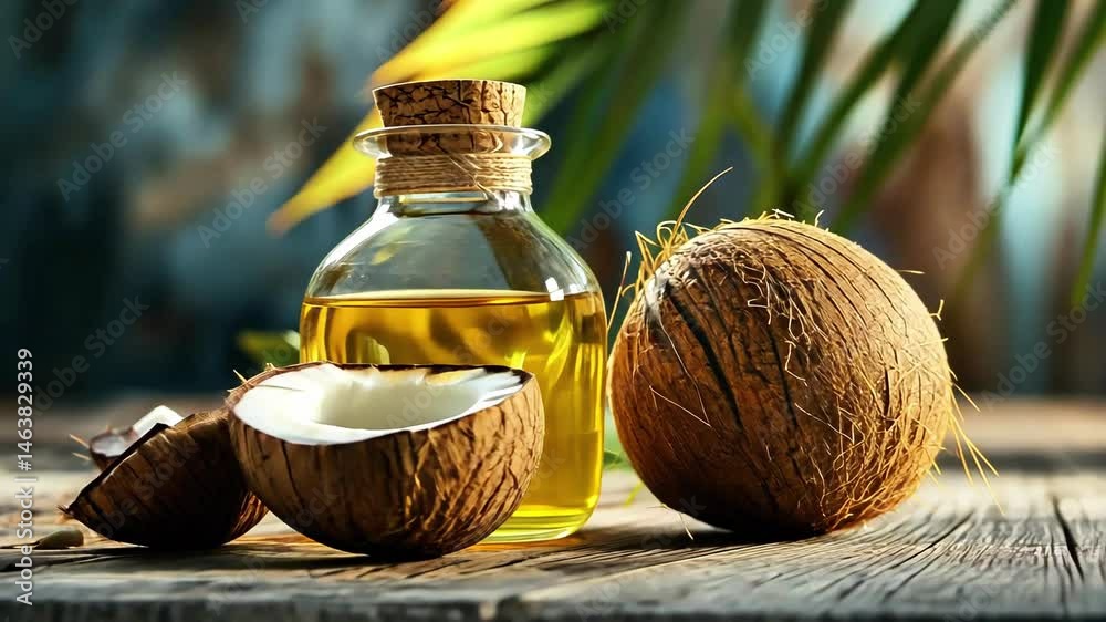 Coconut oil in glass bottle with cork stopper surrounded by whole and halved coconuts on wooden surface with natural light and tropical leaves background healthy natural tropical essence