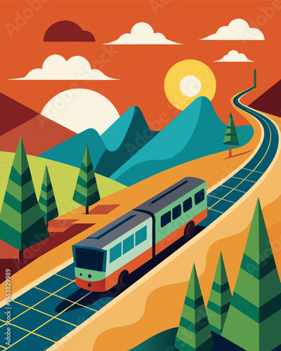 As the train glided along its tracks the surrounding landscape was dotted with solar panels ensuring the vehicles smooth operation and sustainability.. Vector illustration