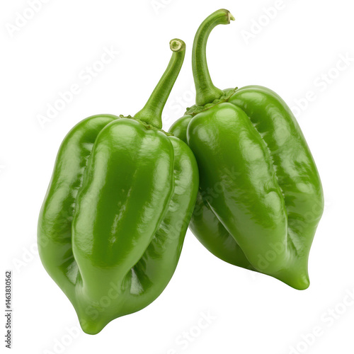 Two green peppers close up isolated on transparent background