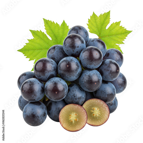 Dark grapes with leaves isolated on transparent background