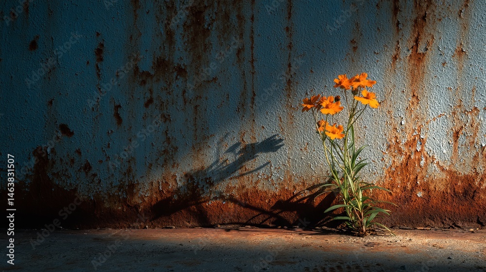 A rusty steel wall almost occupies the entire picture, with only a wildflower growing in the corner. Highlighting the contrast between flowers and industrial backgrounds.