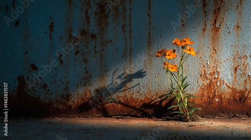 Obraz na płótnie A rusty steel wall almost occupies the entire picture, with only a wildflower growing in the corner. Highlighting the contrast between flowers and industrial backgrounds. w salonie