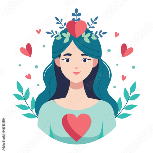 Woman with heart and flower wreath. Self-love, acceptance and care for mental health. Psychology concept. Calm emotion, trust, empathy and hope. Flat vector illustration isolated on white background