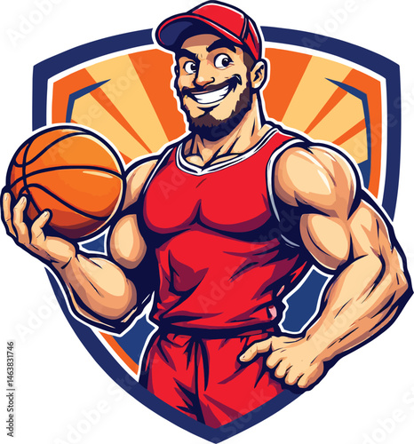 Muscular Basketball Player Vector Silhouette Featuring a Strong Cartoon Athlete Wearing a Red Sports Uniform and Cap, Holding a Basketball with a Confident Pose Against an Orange Shield
