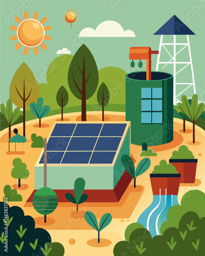 With its innovative solarpowered irrigation system the urban garden uses renewable energy to keep the plants hydrated and healthy.. Vector illustration