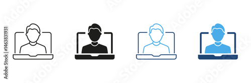 Person On Laptop Screen Icon Set. Virtual Meeting, Online Communication, And Remote Work Symbol Collection. Digital Interaction And Video Conferencing Representation. Isolated Vector Illustration