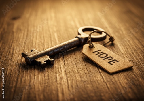 Vintage key with hope tag on wooden surface symbolizing possibilities and new beginnings photo