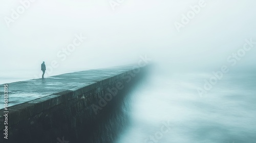 An individual stands alone on a misty pier. The fog creates a sense of mystery. Waves crash against the structure. Embrace the solitude and reflection. Generative AI