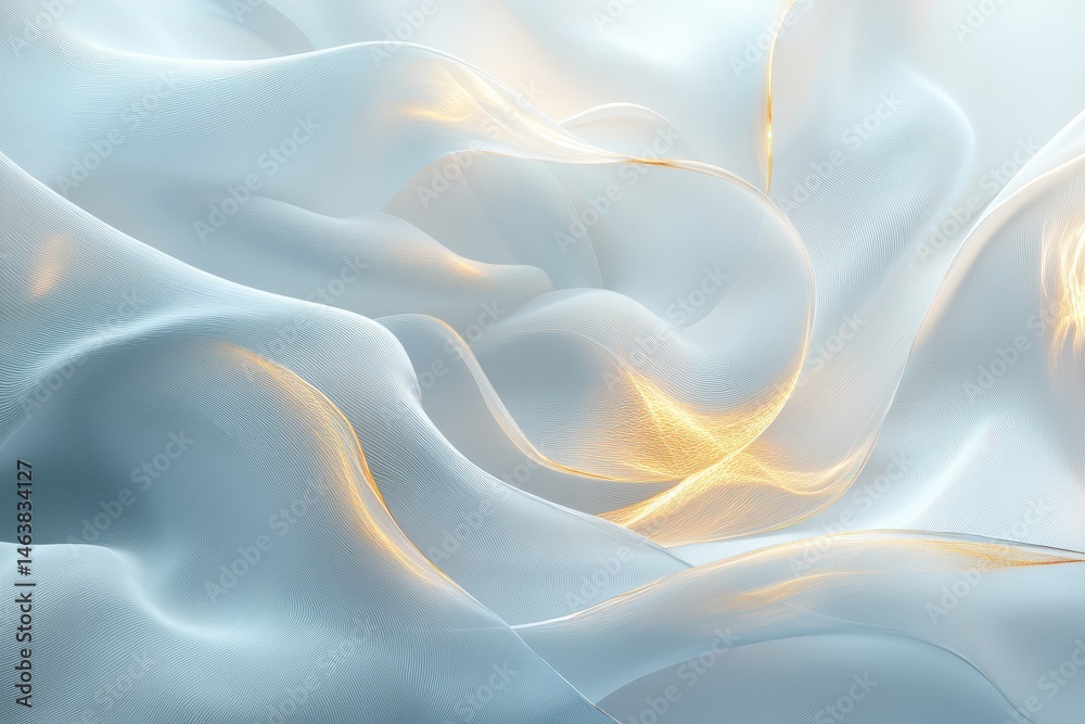 Fototapeta premium White, flowing fabric with golden highlights, abstract and ethereal. Use for backgrounds needing soft elegance and luxury.