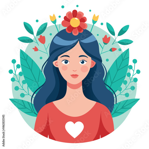 Woman with heart and flower wreath. Self-love, acceptance and care for mental health. Psychology concept. Calm emotion, trust, empathy and hope. Flat vector illustration isolated on white background