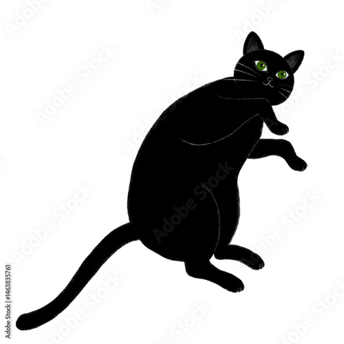 an illustration of a black cat lying on its side and purring, a black cat lying on its side looking this way, a black cat showing affection