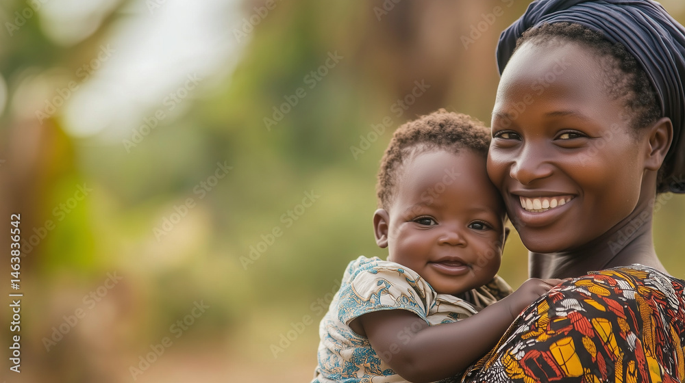 Fototapeta premium Portrait of happy african mom and baby bonding and smiling together. Beautiful photo, poster for mother’s day. Happy family. Young woman with child, wearing colorful clothing.