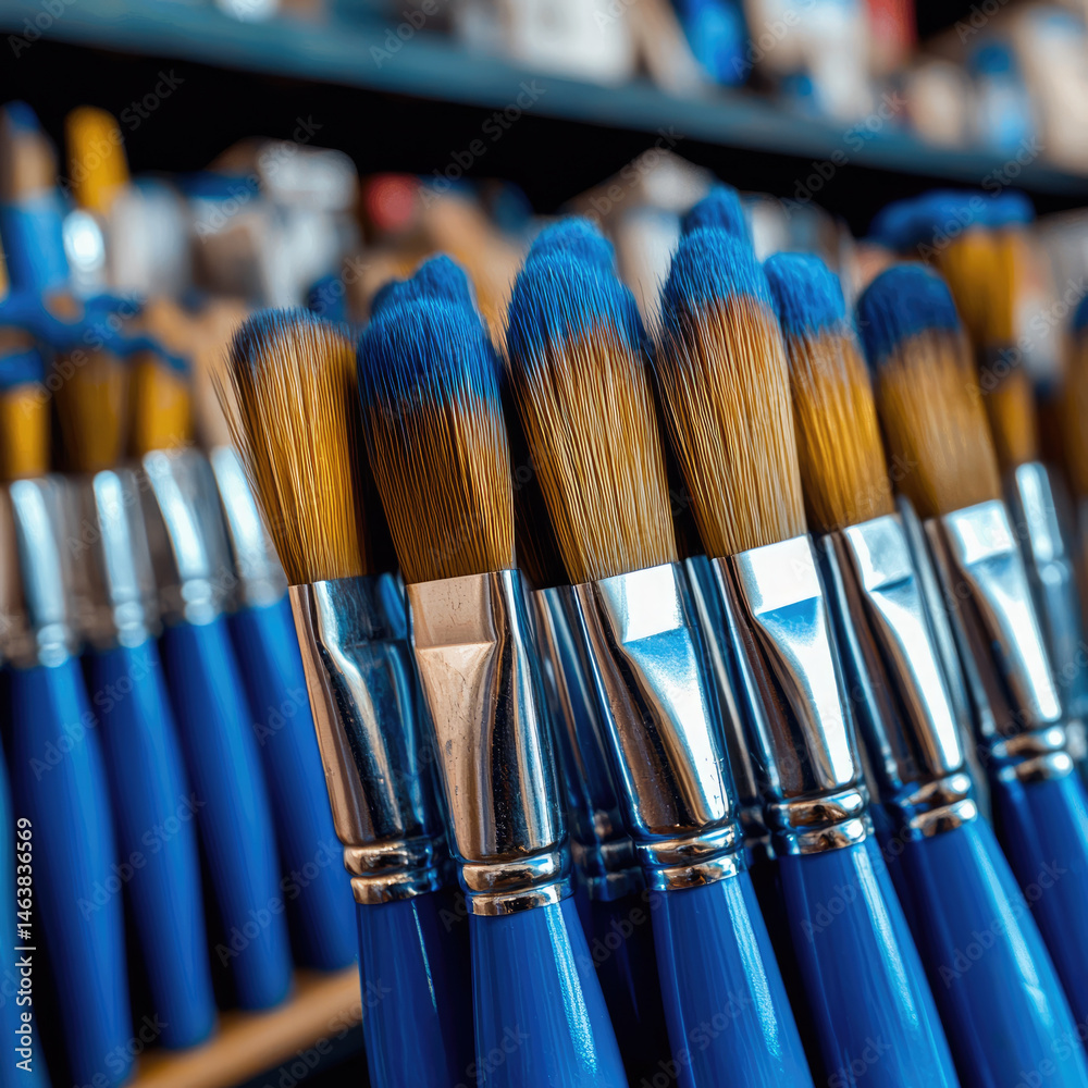 Row of blue handled paintbrushes with soft bristles is neatly arranged in art supply store, creating vibrant and creative atmosphere for artists